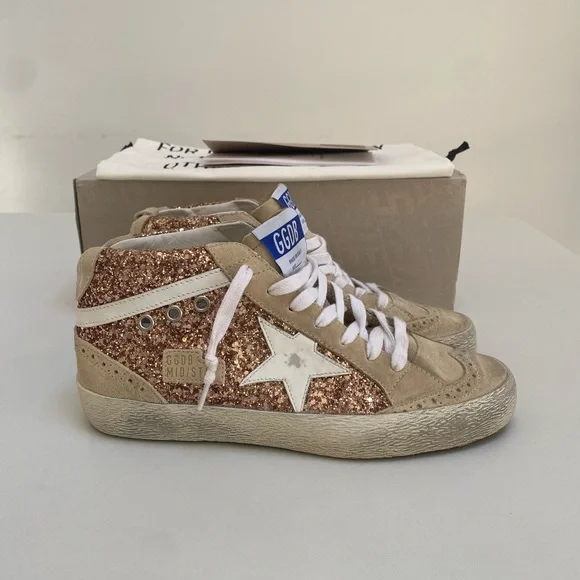 Golden Goose Mid Star Sneaker Rose Gold Glitter/Beige Leather/Suede 39 New Box - Picture 3 of 15